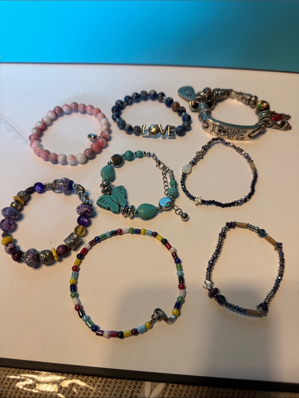 Source Unknown Mixed Color Beaded Bracelets Set with Turquoise Butterfly